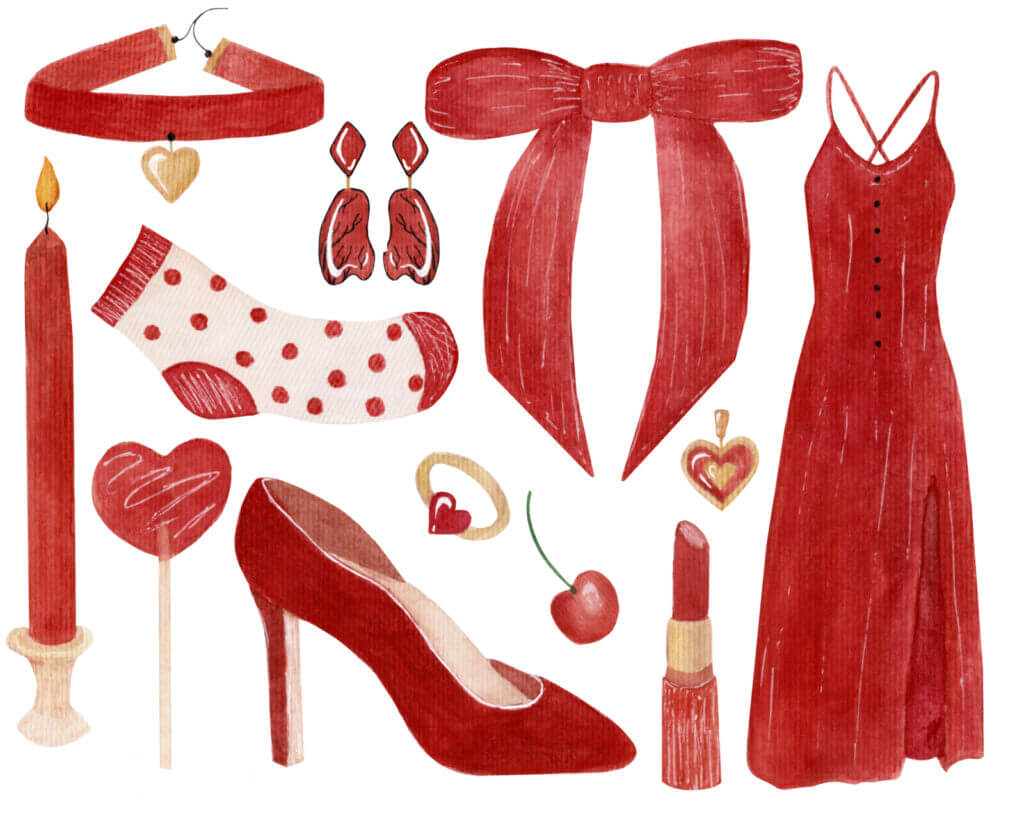 A drawing featuring several pieces of red clothing and accessories, from a candle to earrings, polkadot socks, lipstick, a red dress, stilettos and more.